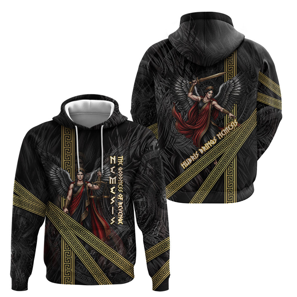 Nemesis Goddess Of Revenge Hoodie Winged Nemesis Scales Of Justice - Gold Greek Key