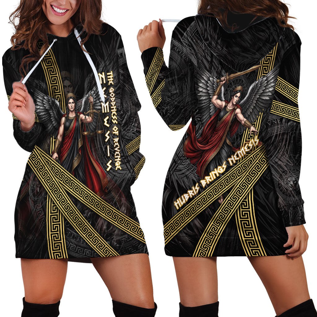 Nemesis Goddess Of Revenge Hoodie Dress Winged Nemesis Scales Of Justice - Gold Greek Key