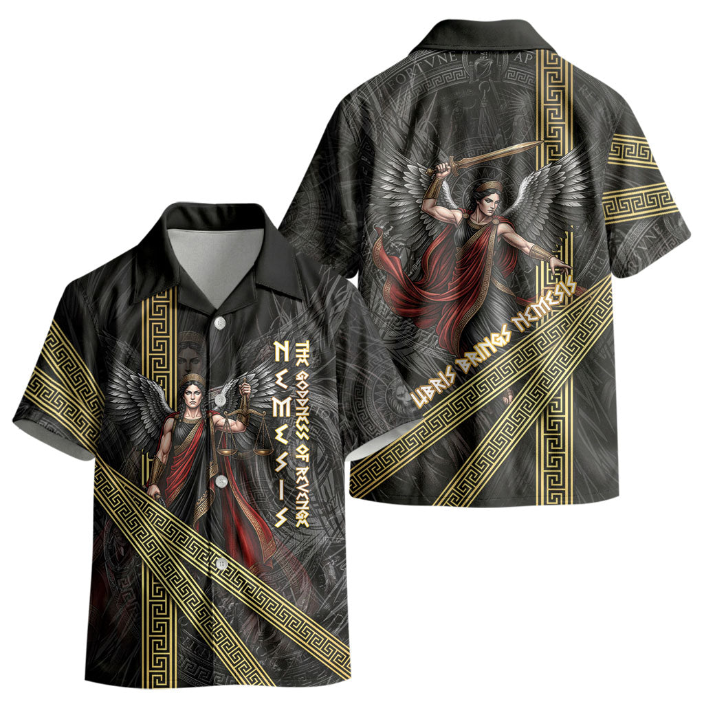 Nemesis Goddess Of Revenge Kid Hawaiian Shirt Winged Nemesis Scales Of Justice - Gold Greek Key