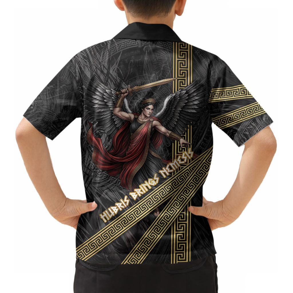 Nemesis Goddess Of Revenge Kid Hawaiian Shirt Winged Nemesis Scales Of Justice - Gold Greek Key