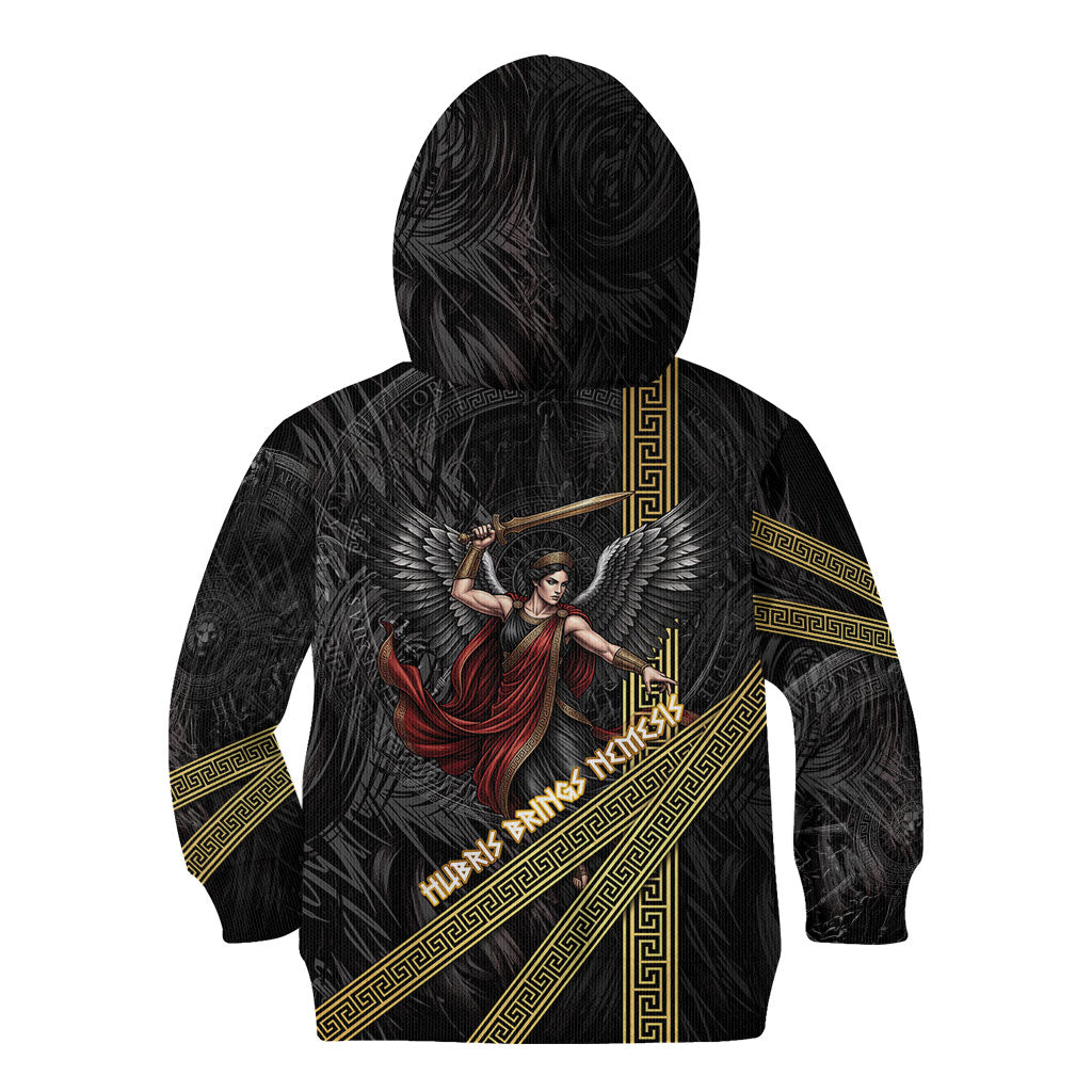 Nemesis Goddess Of Revenge Kid Hoodie Winged Nemesis Scales Of Justice - Gold Greek Key