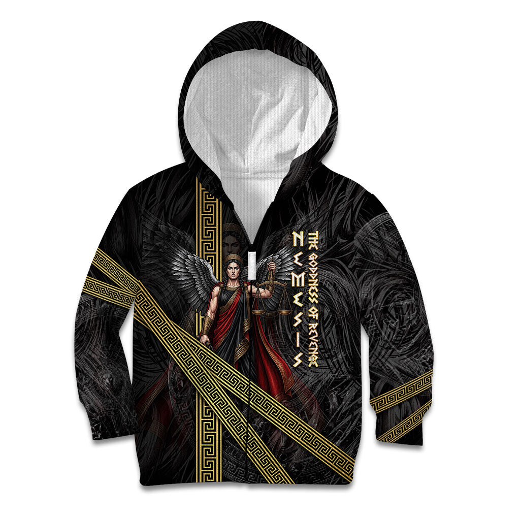 Nemesis Goddess Of Revenge Kid Hoodie Winged Nemesis Scales Of Justice - Gold Greek Key
