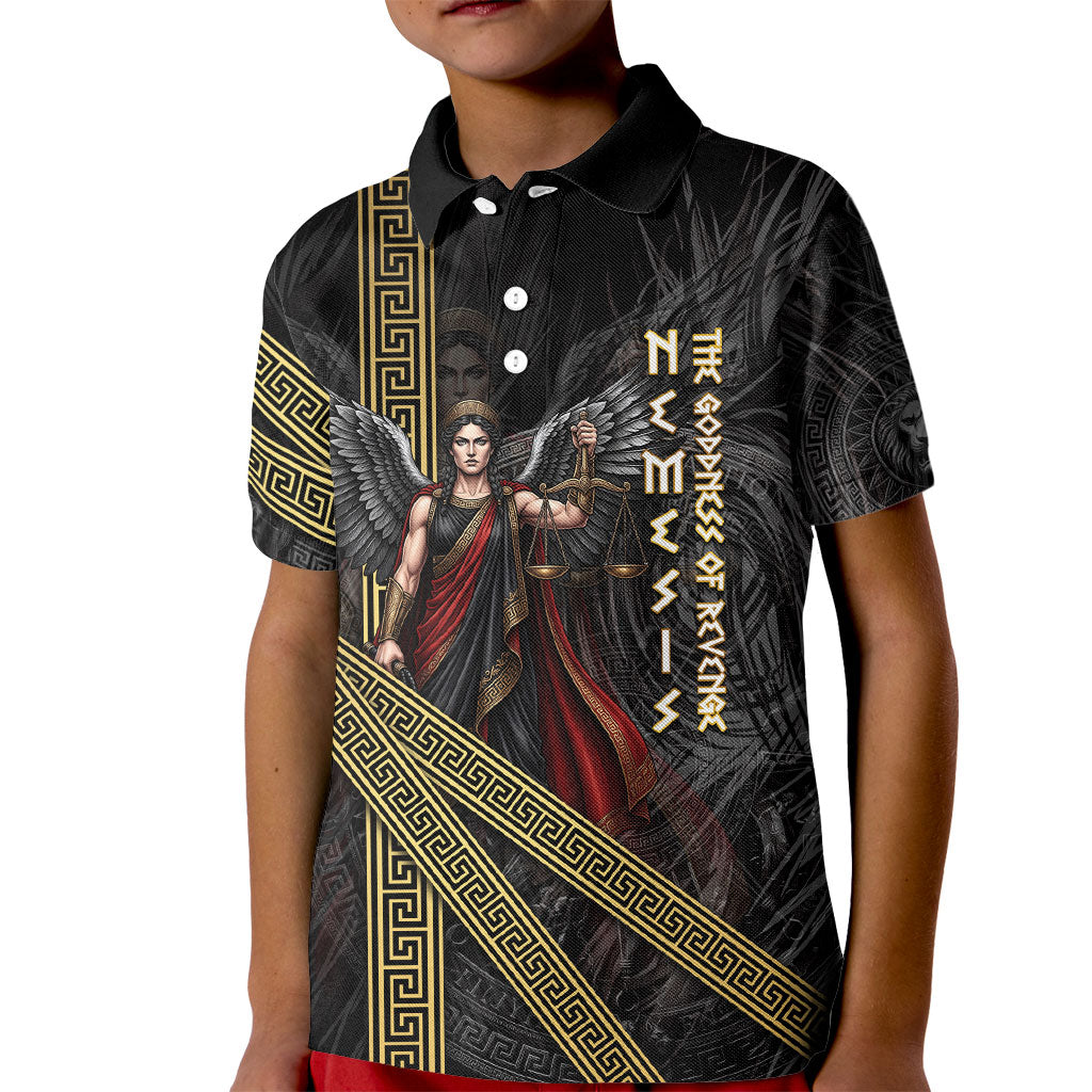 Nemesis Goddess Of Revenge Kid Polo Shirt Winged Nemesis Scales Of Justice - Gold Greek Key