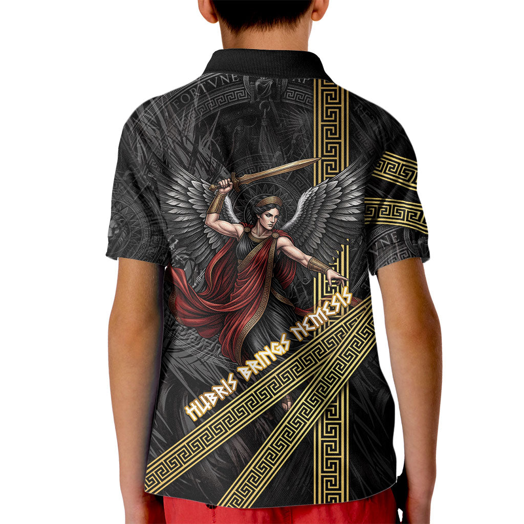 Nemesis Goddess Of Revenge Kid Polo Shirt Winged Nemesis Scales Of Justice - Gold Greek Key
