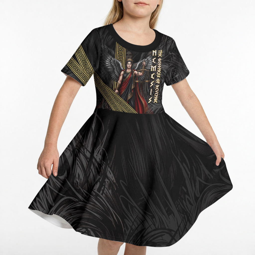 Nemesis Goddess Of Revenge Kid Short Sleeve Dress Winged Nemesis Scales Of Justice - Gold Greek Key