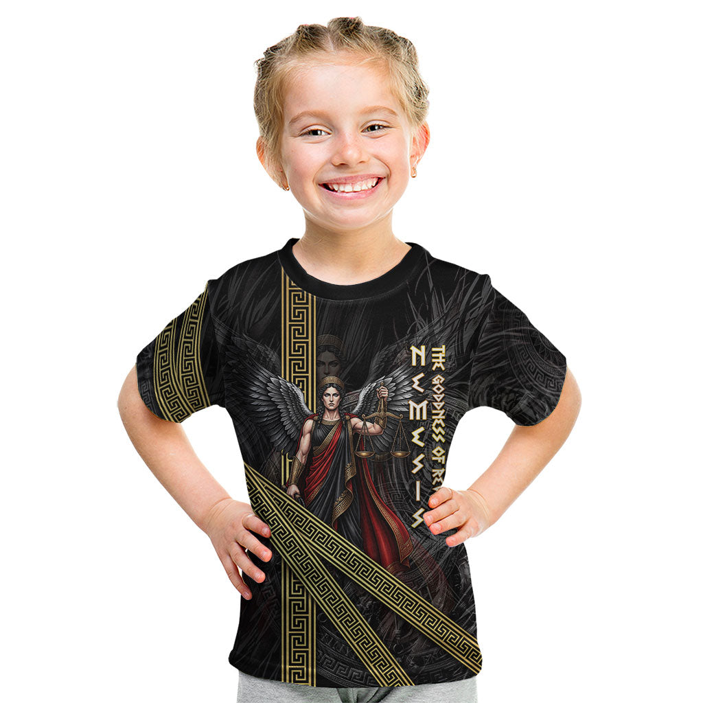 Nemesis Goddess Of Revenge Kid T Shirt Winged Nemesis Scales Of Justice - Gold Greek Key