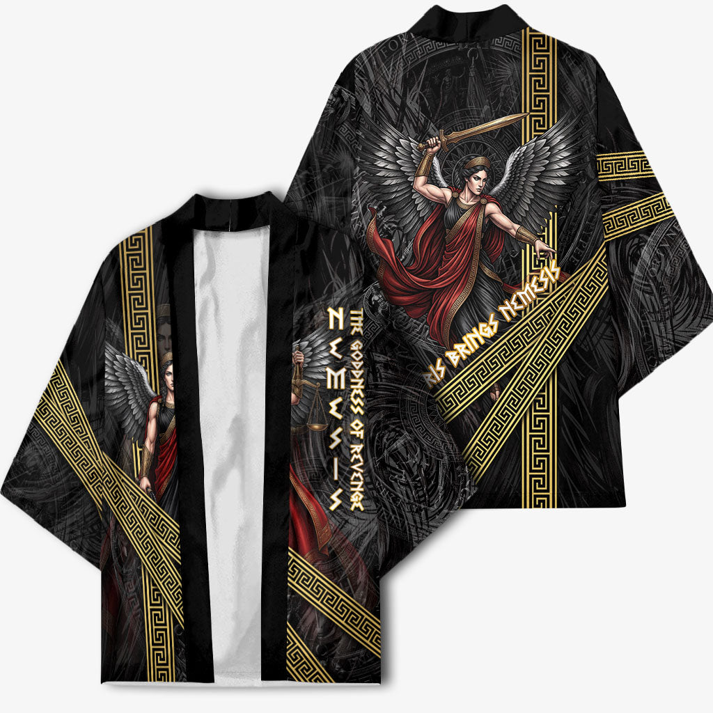 Nemesis Goddess Of Revenge Kimono Winged Nemesis Scales Of Justice - Gold Greek Key