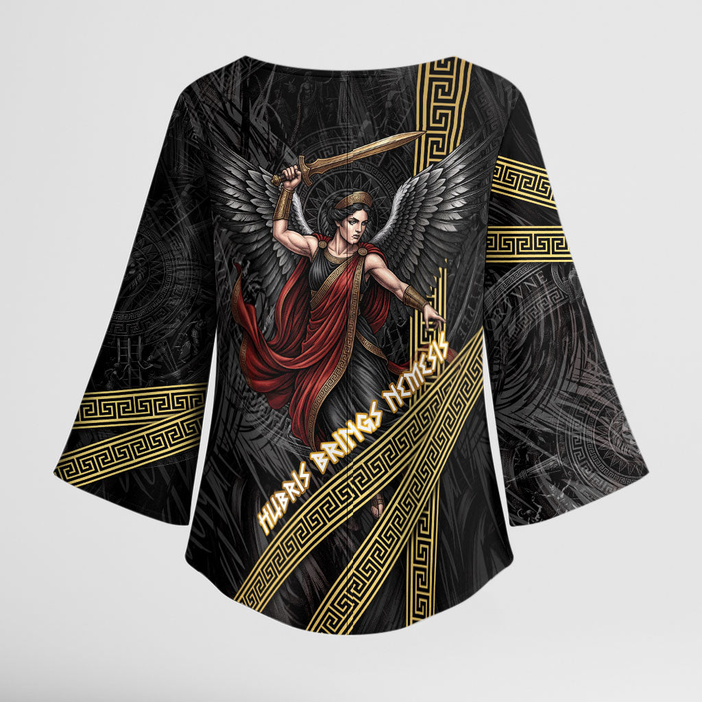 Nemesis Goddess Of Revenge Kimono Sleeve Blouse Winged Nemesis Scales Of Justice - Gold Greek Key