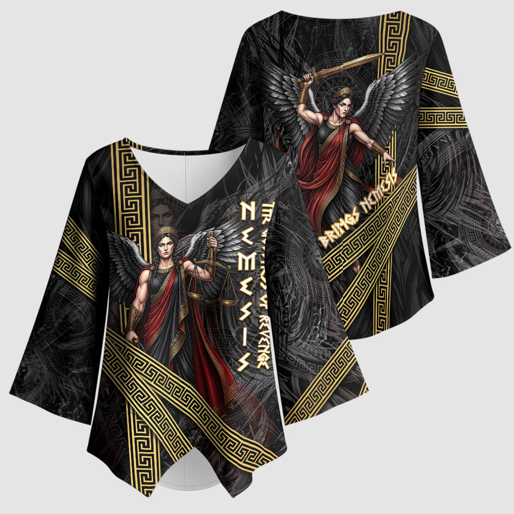 Nemesis Goddess Of Revenge Kimono Sleeve Blouse Winged Nemesis Scales Of Justice - Gold Greek Key