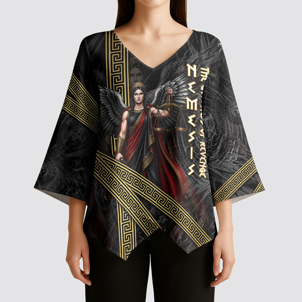 Nemesis Goddess Of Revenge Kimono Sleeve Blouse Winged Nemesis Scales Of Justice - Gold Greek Key