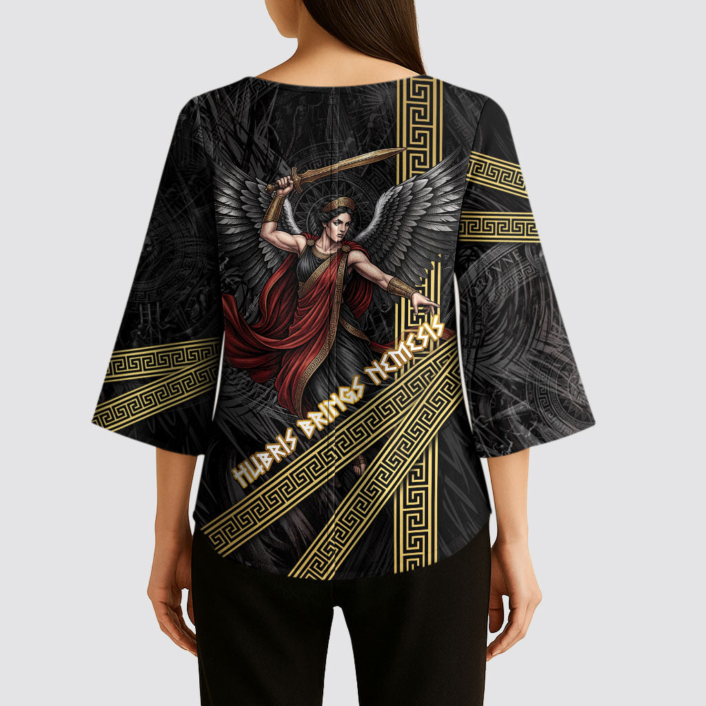 Nemesis Goddess Of Revenge Kimono Sleeve Blouse Winged Nemesis Scales Of Justice - Gold Greek Key