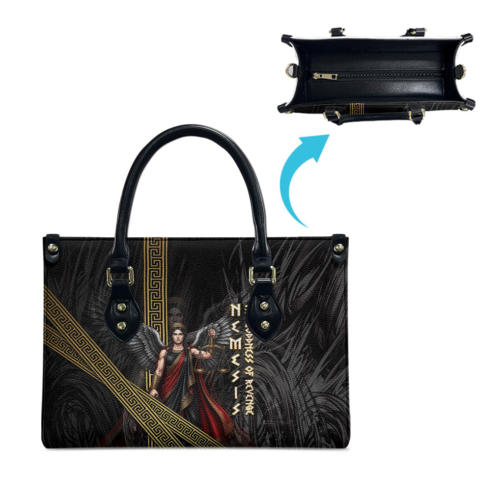 Nemesis Goddess Of Revenge Leather Bag Winged Nemesis Scales Of Justice - Gold Greek Key