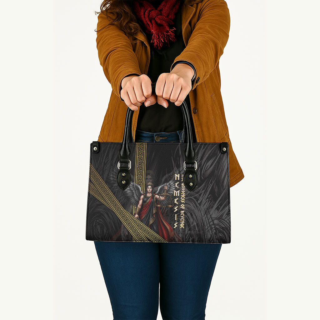 Nemesis Goddess Of Revenge Leather Bag Winged Nemesis Scales Of Justice - Gold Greek Key