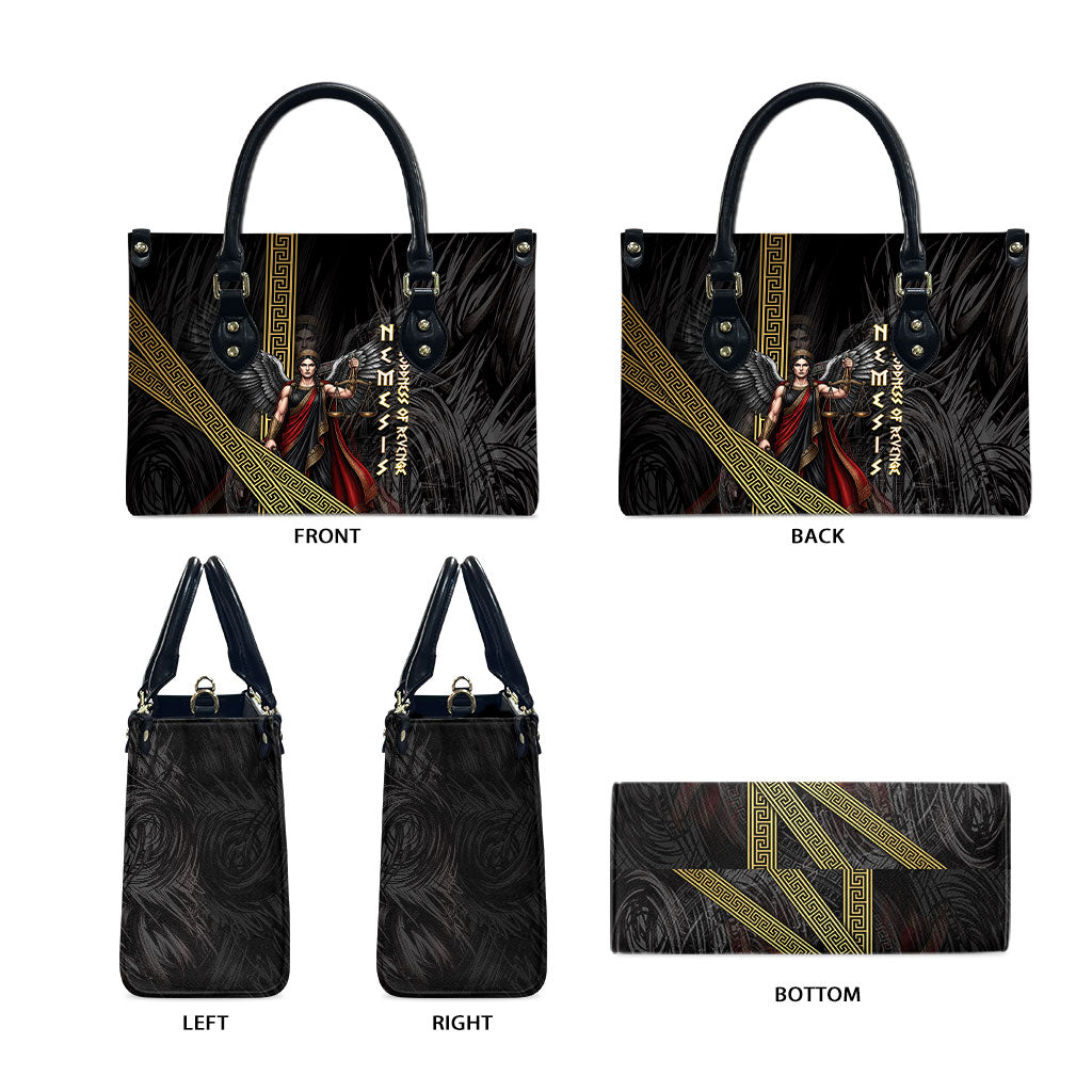 Nemesis Goddess Of Revenge Leather Bag Winged Nemesis Scales Of Justice - Gold Greek Key