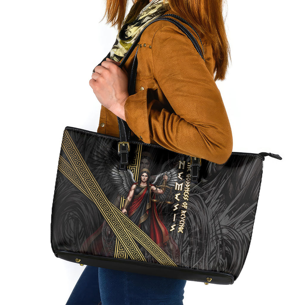 Nemesis Goddess Of Revenge Leather Tote Bag Winged Nemesis Scales Of Justice - Gold Greek Key
