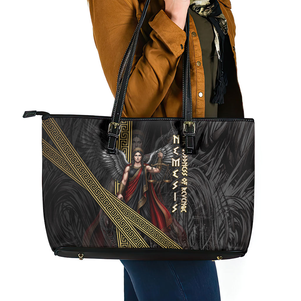 Nemesis Goddess Of Revenge Leather Tote Bag Winged Nemesis Scales Of Justice - Gold Greek Key