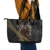 Nemesis Goddess Of Revenge Leather Tote Bag Winged Nemesis Scales Of Justice - Gold Greek Key