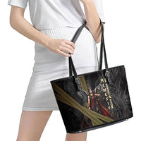 Nemesis Goddess Of Revenge Leather Tote Bag Winged Nemesis Scales Of Justice - Gold Greek Key