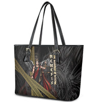 Nemesis Goddess Of Revenge Leather Tote Bag Winged Nemesis Scales Of Justice - Gold Greek Key