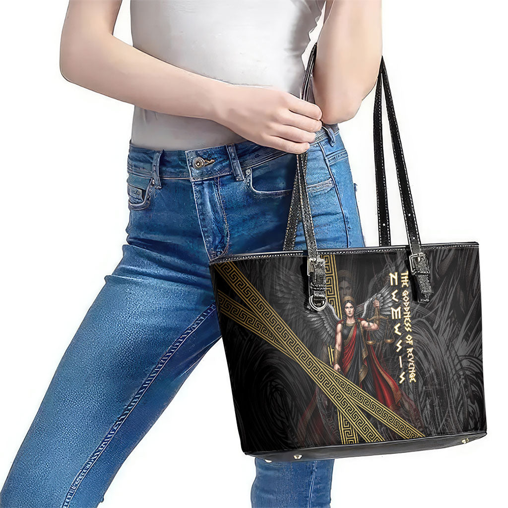 Nemesis Goddess Of Revenge Leather Tote Bag Winged Nemesis Scales Of Justice - Gold Greek Key