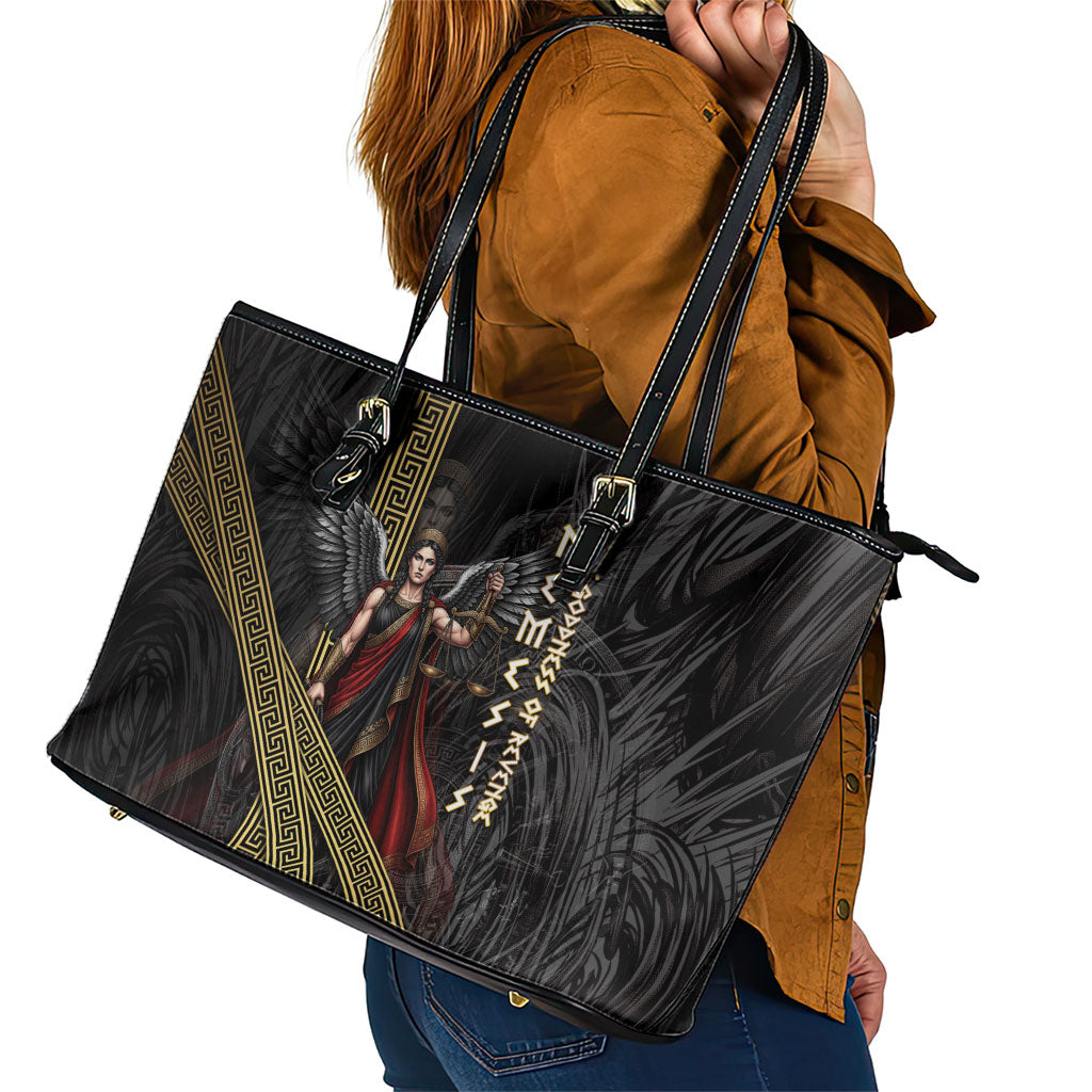 Nemesis Goddess Of Revenge Leather Tote Bag Winged Nemesis Scales Of Justice - Gold Greek Key