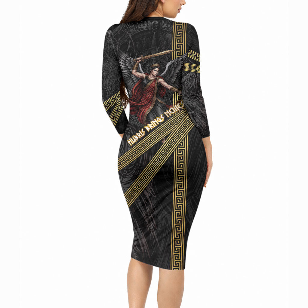 Nemesis Goddess Of Revenge Long Sleeve Bodycon Dress Winged Nemesis Scales Of Justice - Gold Greek Key