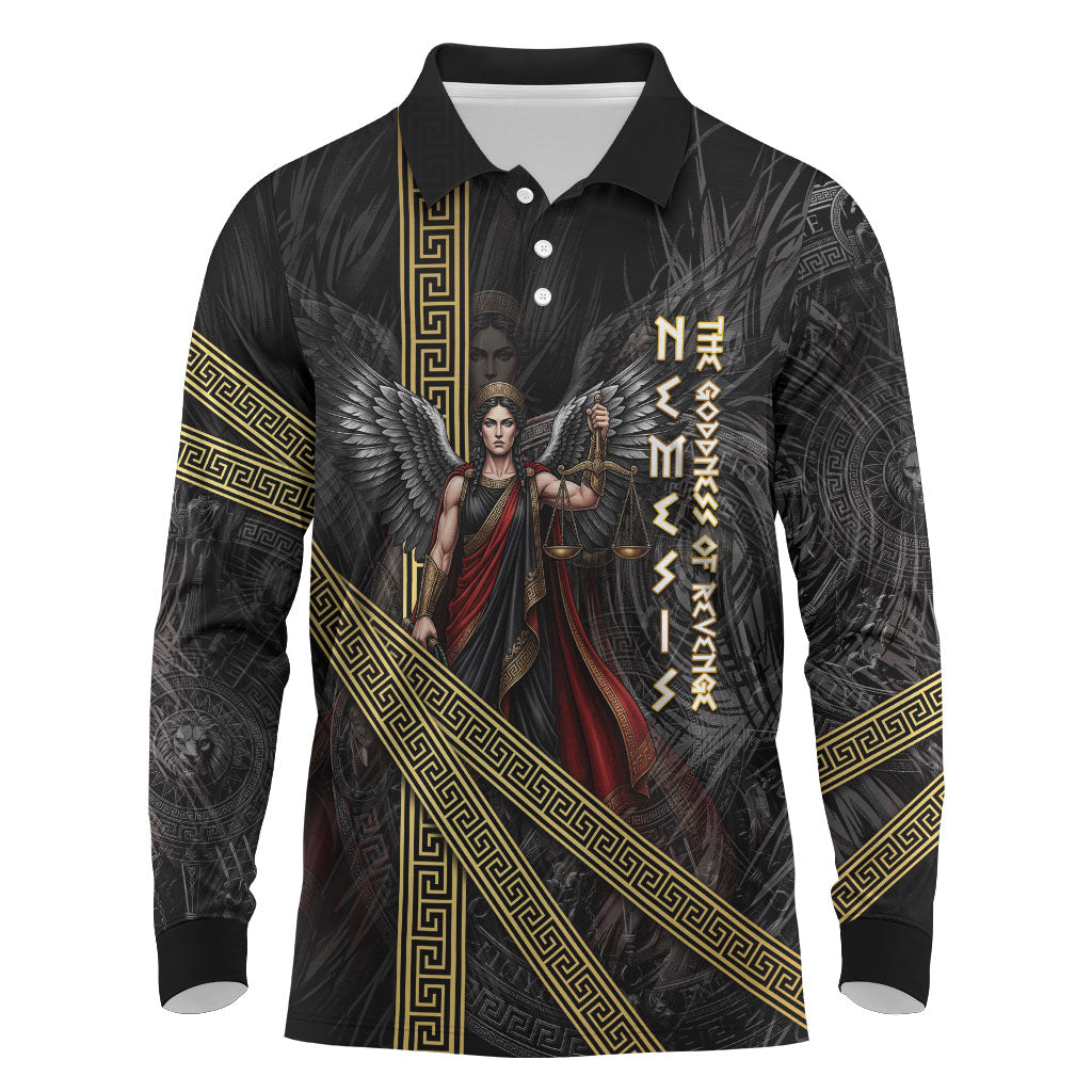 Nemesis Goddess Of Revenge Long Sleeve Polo Shirt Winged Nemesis Scales Of Justice - Gold Greek Key