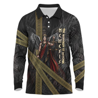 Nemesis Goddess Of Revenge Long Sleeve Polo Shirt Winged Nemesis Scales Of Justice - Gold Greek Key