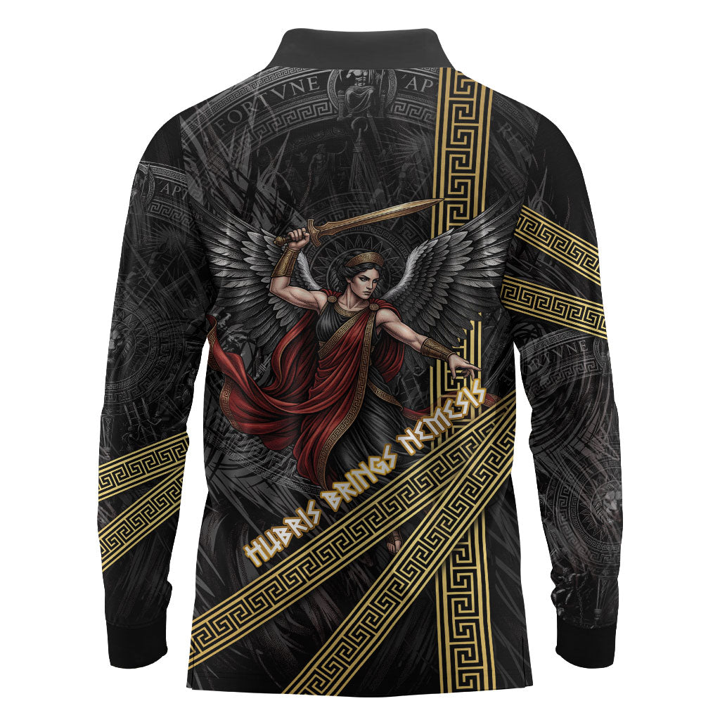 Nemesis Goddess Of Revenge Long Sleeve Polo Shirt Winged Nemesis Scales Of Justice - Gold Greek Key