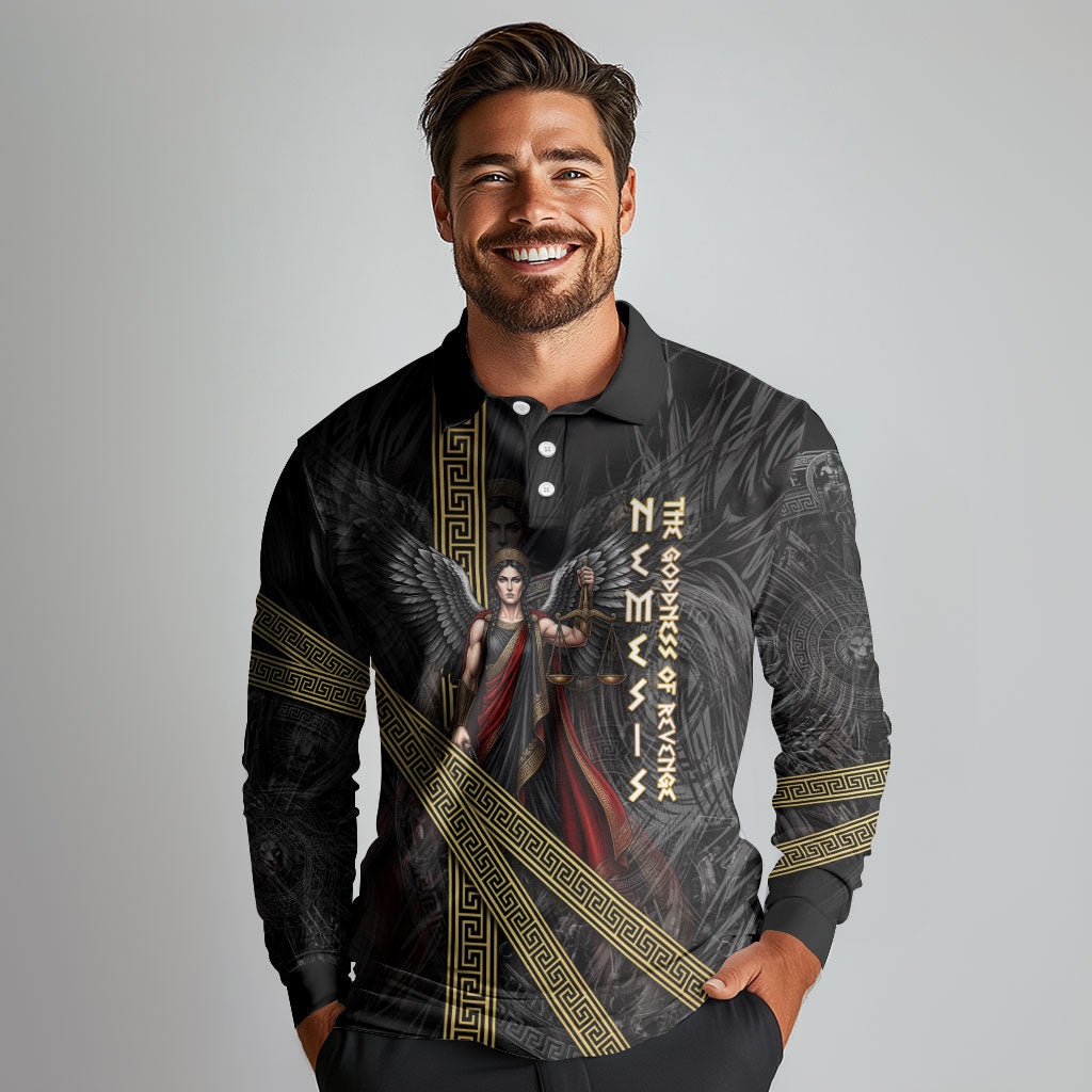 Nemesis Goddess Of Revenge Long Sleeve Polo Shirt Winged Nemesis Scales Of Justice - Gold Greek Key