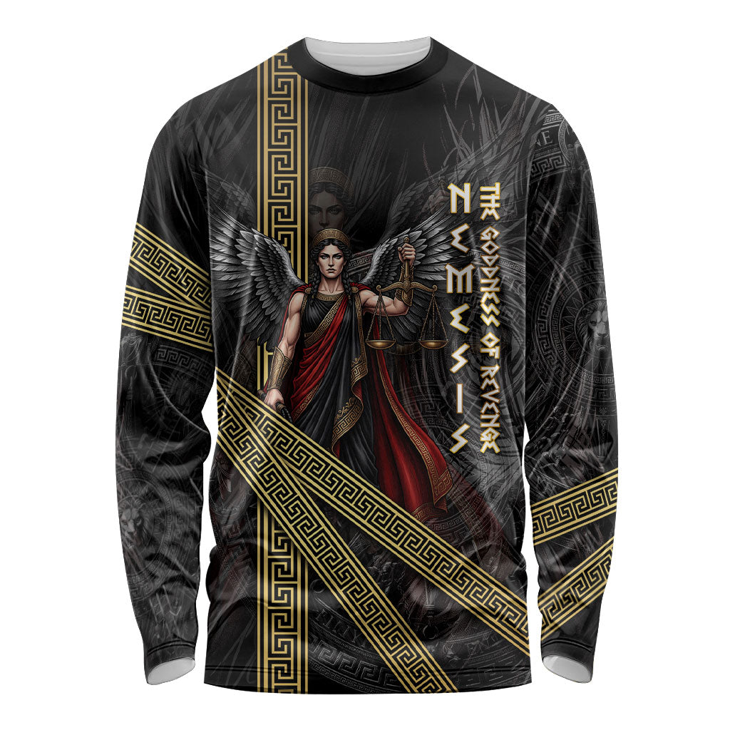 Nemesis Goddess Of Revenge Long Sleeve Shirt Winged Nemesis Scales Of Justice - Gold Greek Key