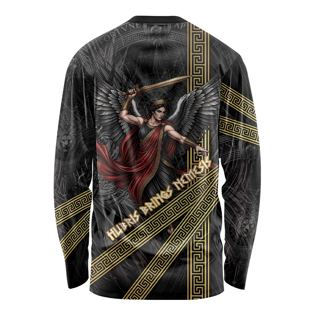 Nemesis Goddess Of Revenge Long Sleeve Shirt Winged Nemesis Scales Of Justice - Gold Greek Key