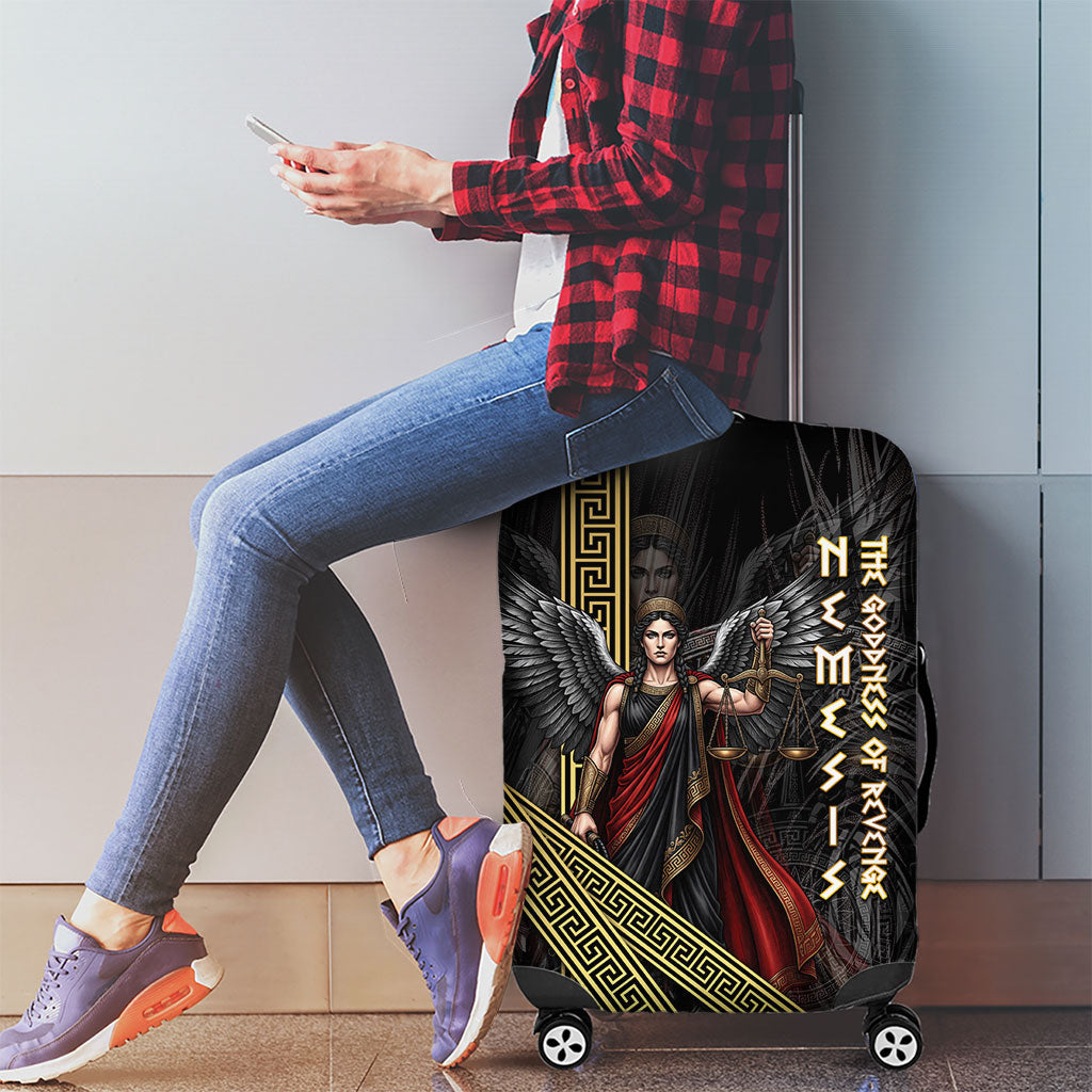 Nemesis Goddess Of Revenge Luggage Cover Winged Nemesis Scales Of Justice - Gold Greek Key