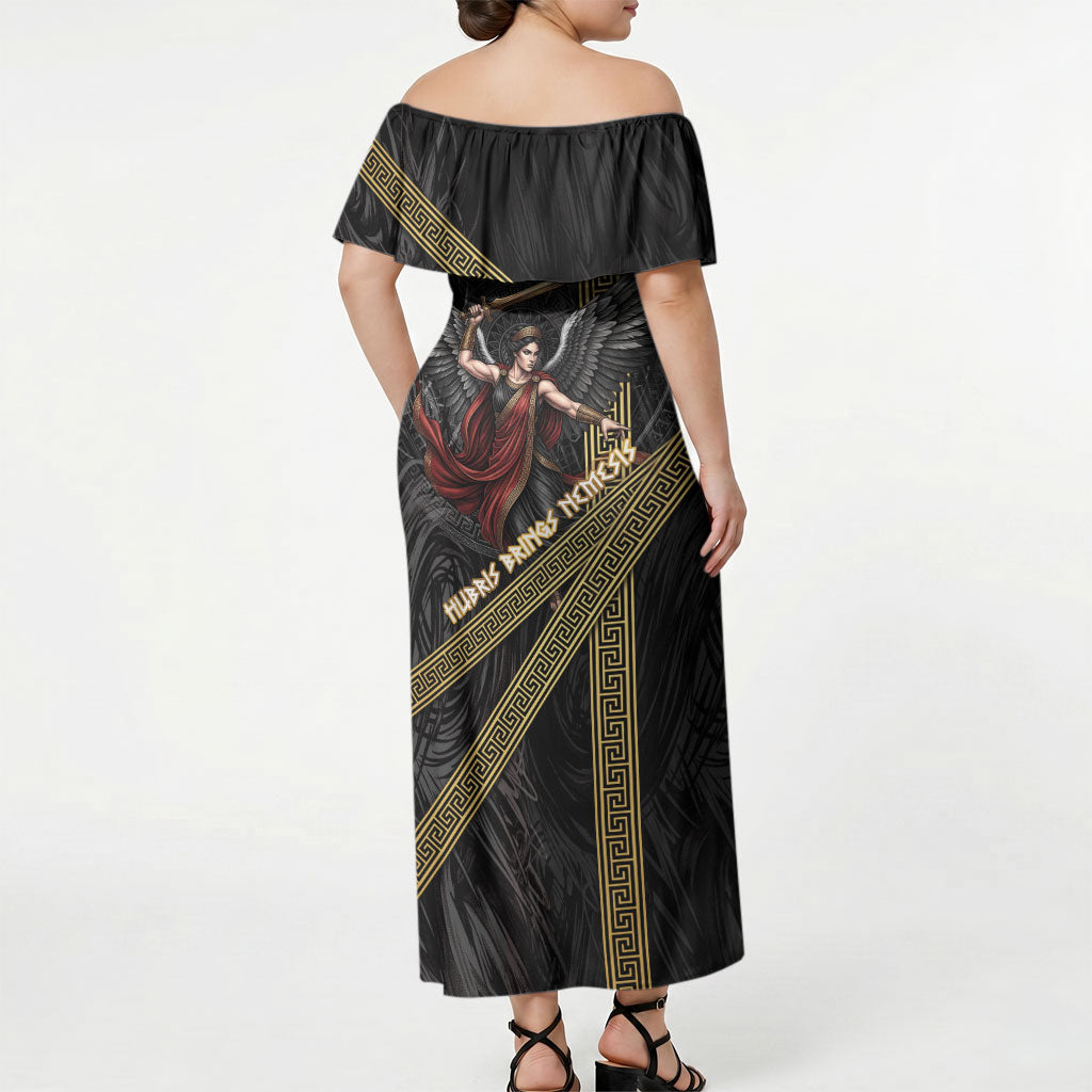 Nemesis Goddess Of Revenge Off Shoulder Maxi Dress Winged Nemesis Scales Of Justice - Gold Greek Key