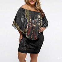 Nemesis Goddess Of Revenge Off Shoulder Short Dress Winged Nemesis Scales Of Justice - Gold Greek Key