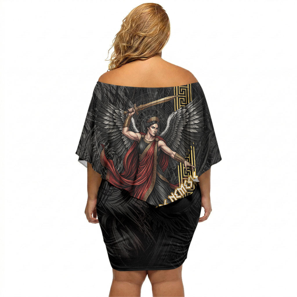 Nemesis Goddess Of Revenge Off Shoulder Short Dress Winged Nemesis Scales Of Justice - Gold Greek Key