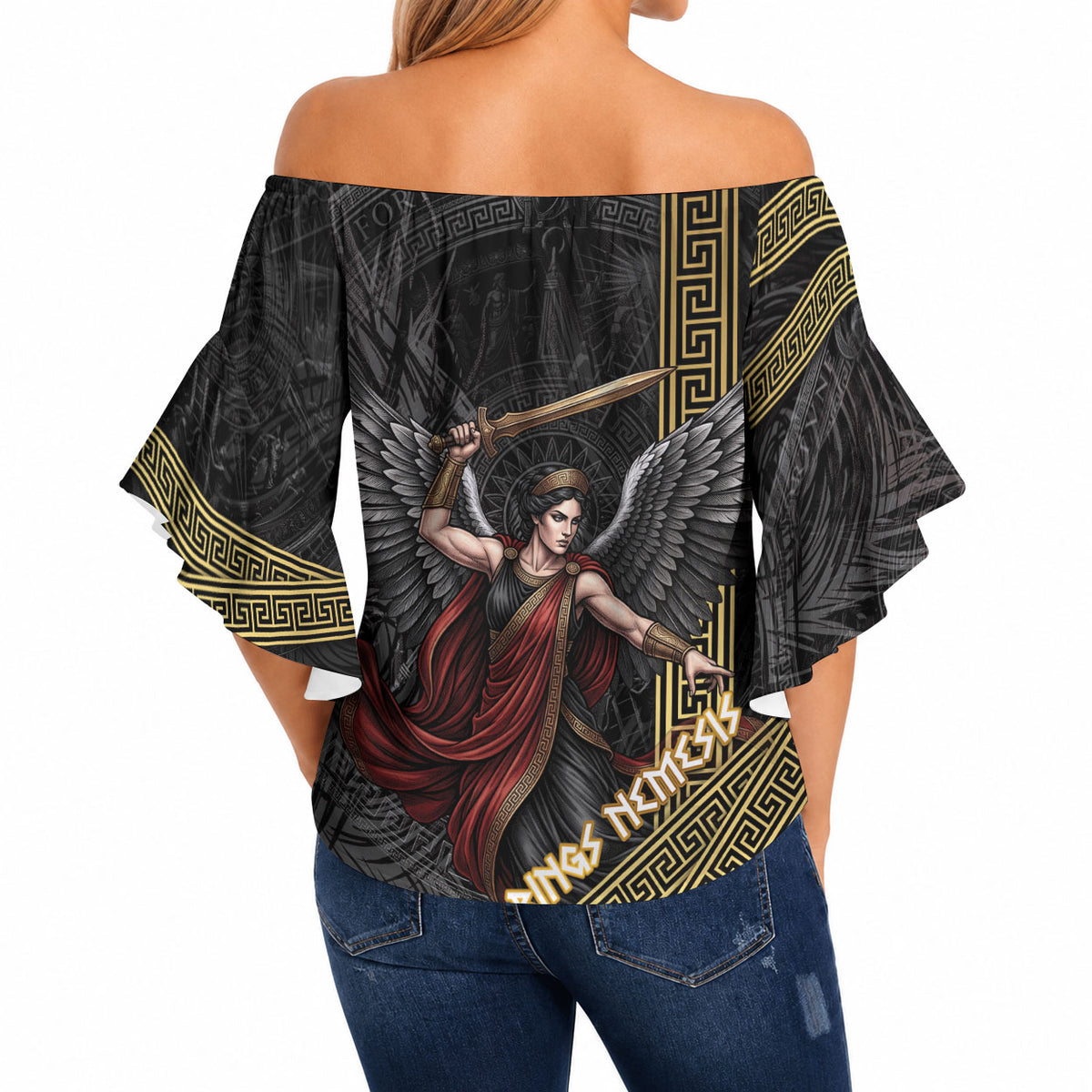 Nemesis Goddess Of Revenge Off Shoulder Wrap Waist Top Winged Nemesis Scales Of Justice - Gold Greek Key