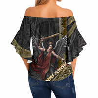 Nemesis Goddess Of Revenge Off Shoulder Wrap Waist Top Winged Nemesis Scales Of Justice - Gold Greek Key