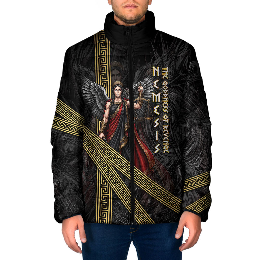 Nemesis Goddess Of Revenge Padded Jacket Winged Nemesis Scales Of Justice - Gold Greek Key