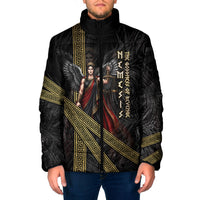 Nemesis Goddess Of Revenge Padded Jacket Winged Nemesis Scales Of Justice - Gold Greek Key
