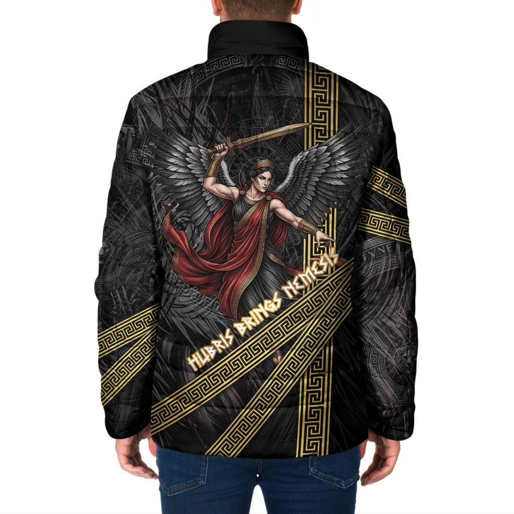 Nemesis Goddess Of Revenge Padded Jacket Winged Nemesis Scales Of Justice - Gold Greek Key