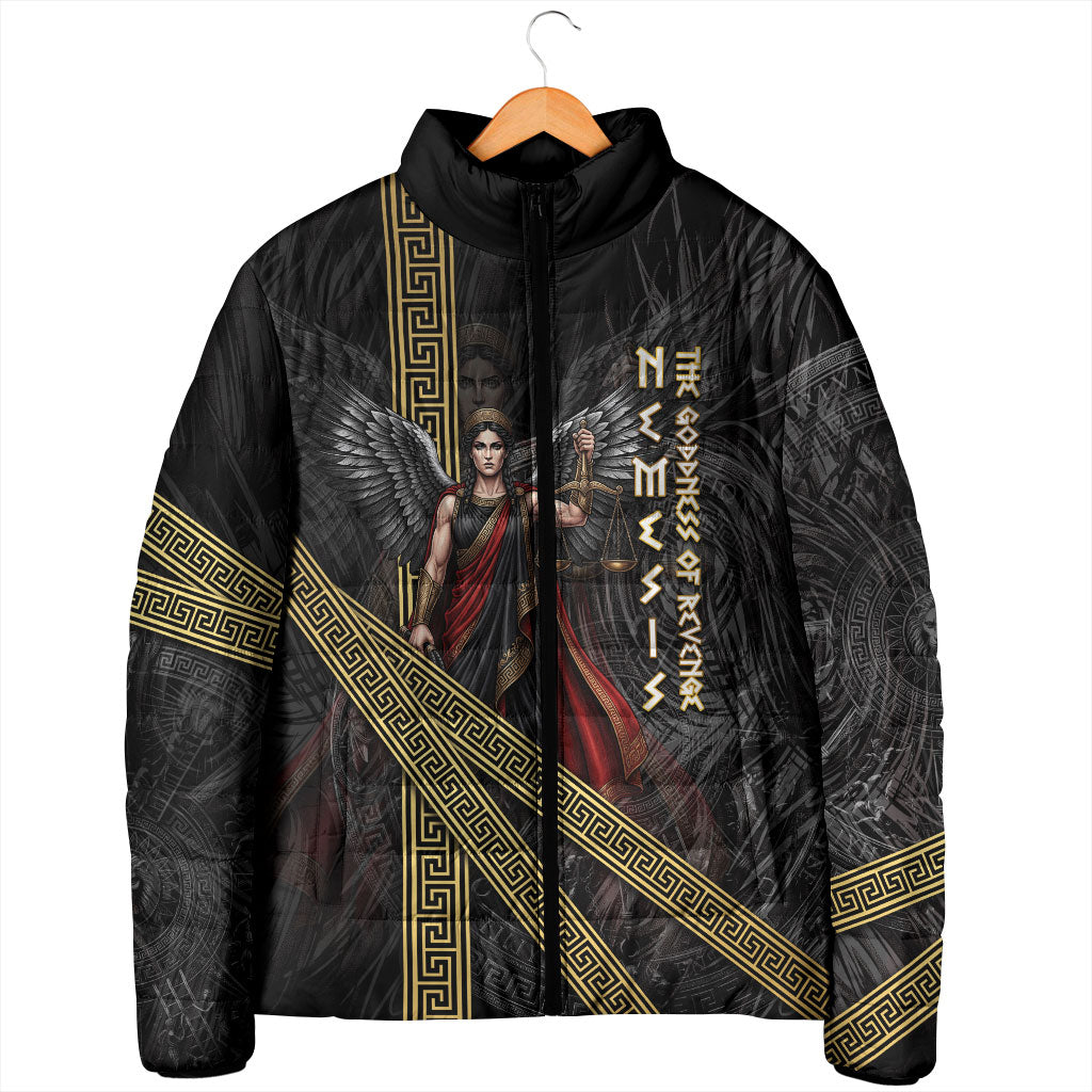 Nemesis Goddess Of Revenge Padded Jacket Winged Nemesis Scales Of Justice - Gold Greek Key
