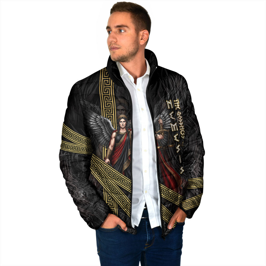 Nemesis Goddess Of Revenge Padded Jacket Winged Nemesis Scales Of Justice - Gold Greek Key