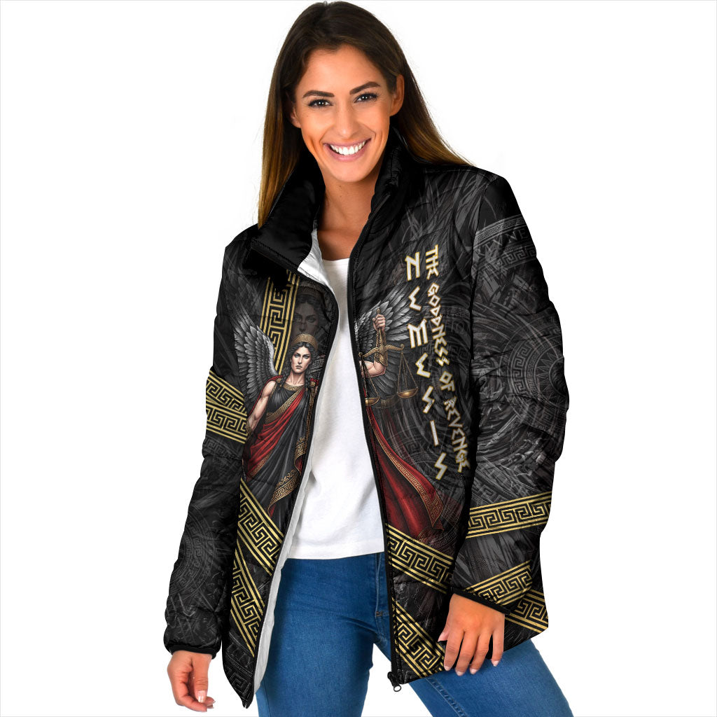 Nemesis Goddess Of Revenge Padded Jacket Winged Nemesis Scales Of Justice - Gold Greek Key