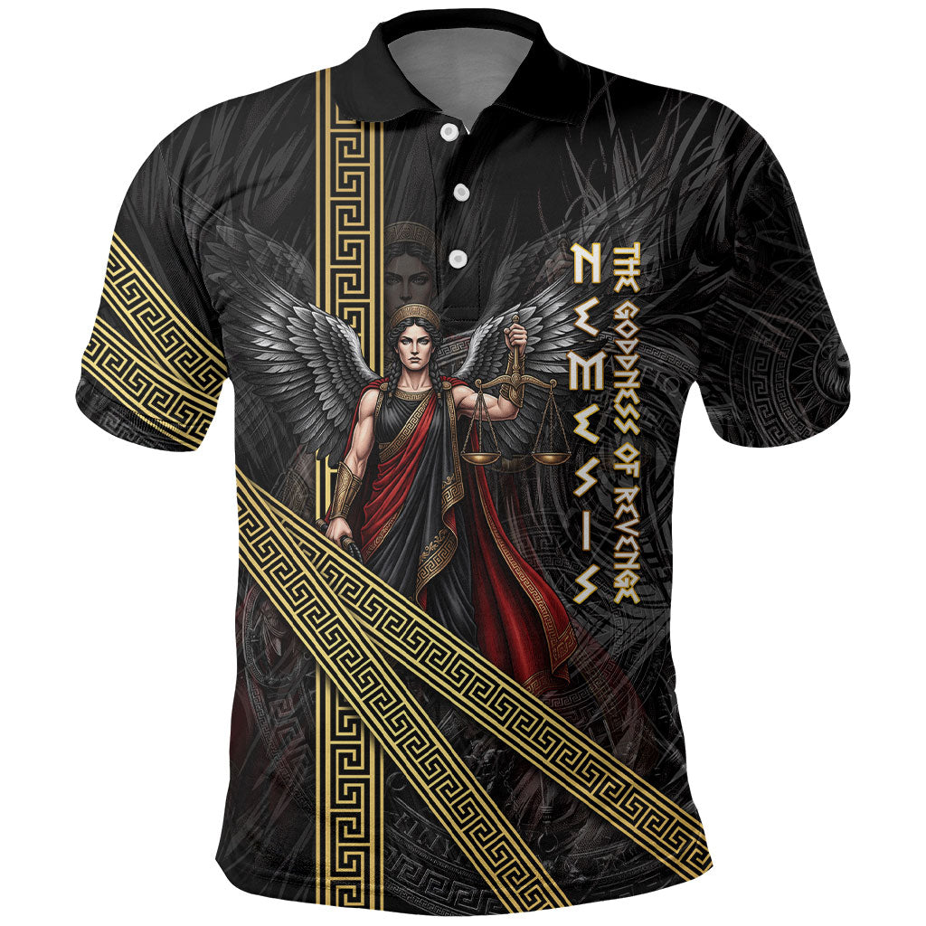 Nemesis Goddess Of Revenge Polo Shirt Winged Nemesis Scales Of Justice - Gold Greek Key