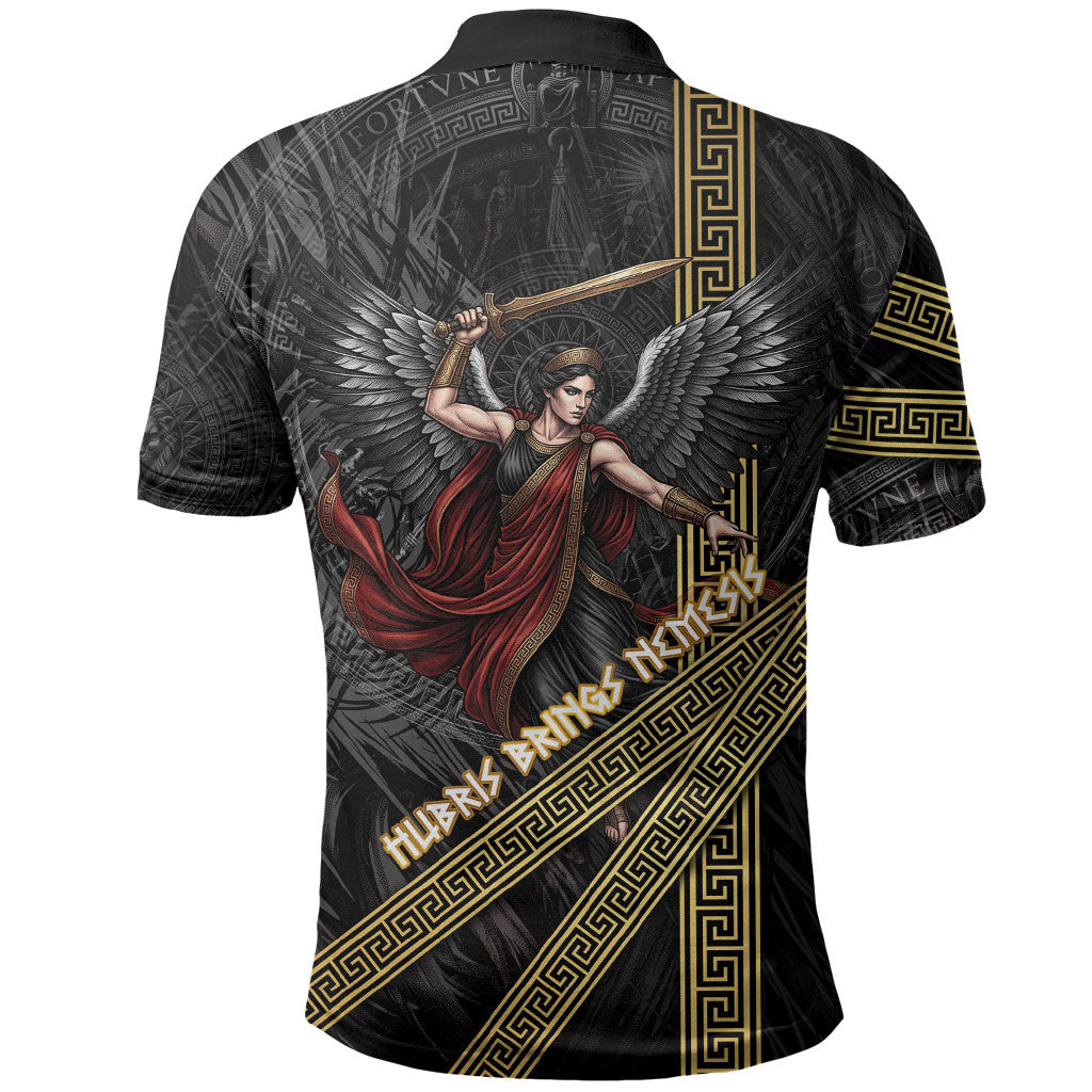 Nemesis Goddess Of Revenge Polo Shirt Winged Nemesis Scales Of Justice - Gold Greek Key