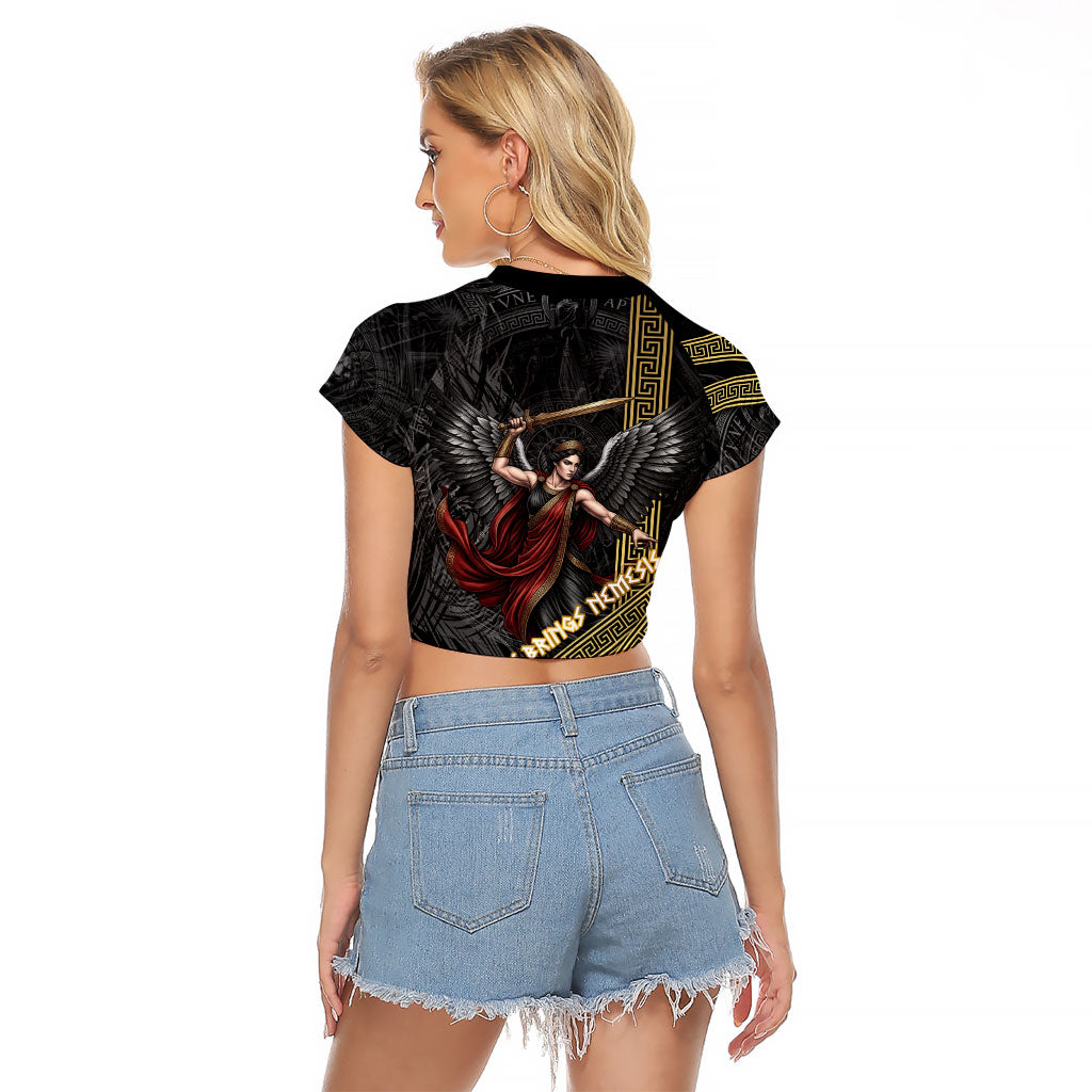 Nemesis Goddess Of Revenge Raglan Cropped T Shirt Winged Nemesis Scales Of Justice - Gold Greek Key