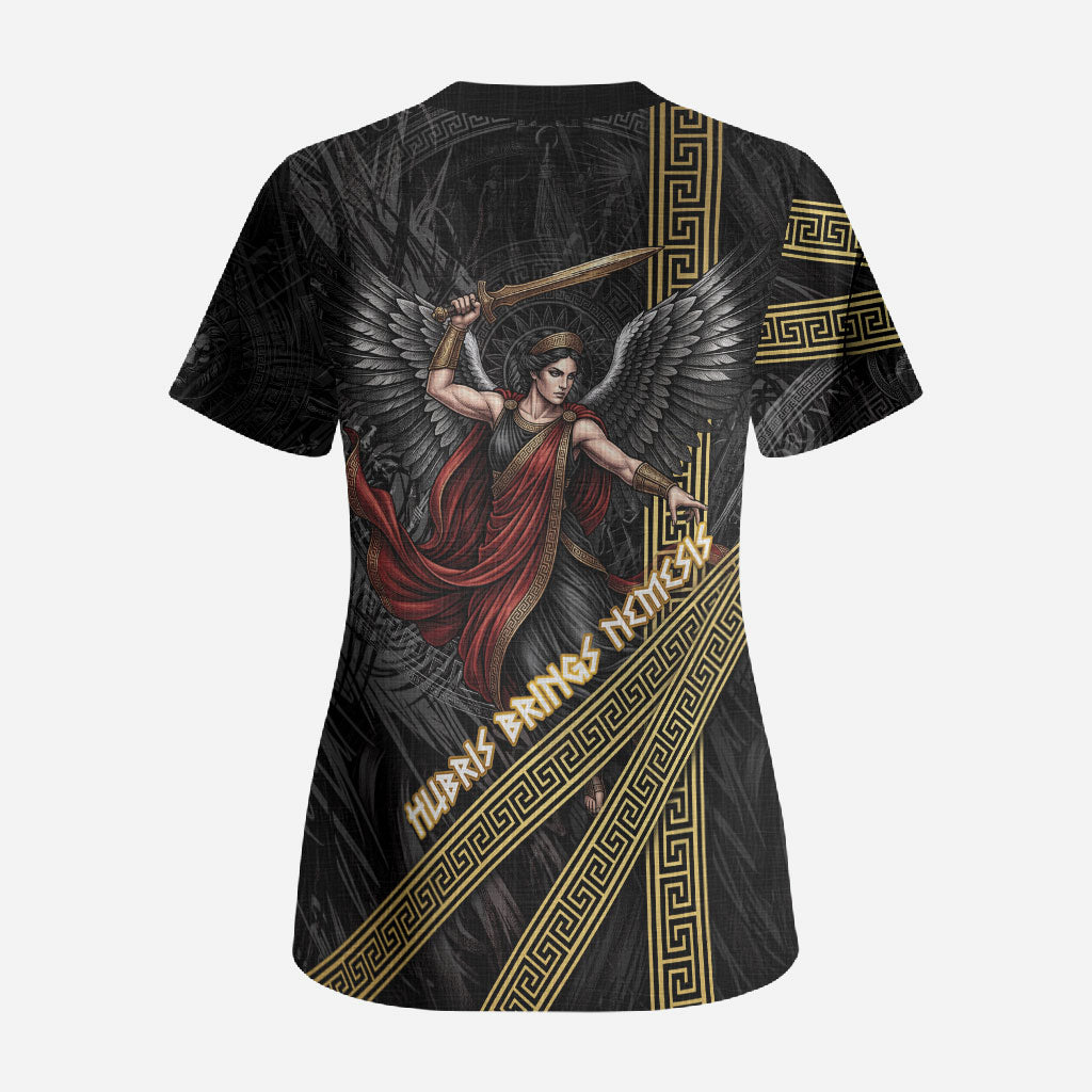 Nemesis Goddess Of Revenge Scrub Top Winged Nemesis Scales Of Justice - Gold Greek Key