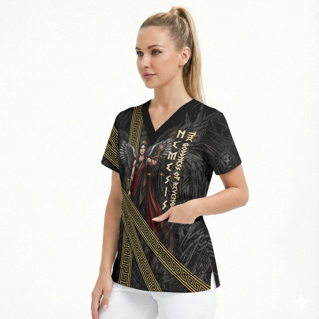 Nemesis Goddess Of Revenge Scrub Top Winged Nemesis Scales Of Justice - Gold Greek Key