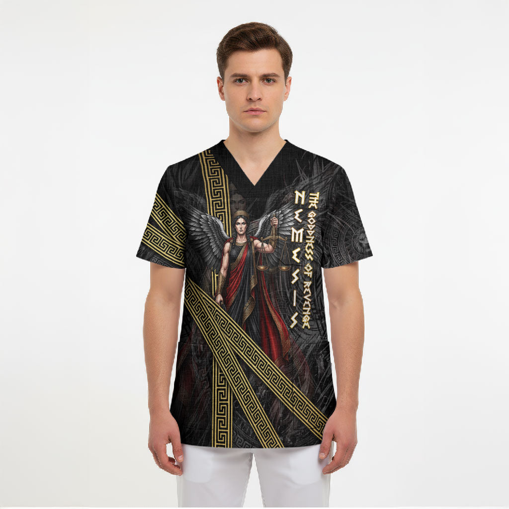 Nemesis Goddess Of Revenge Scrub Top Winged Nemesis Scales Of Justice - Gold Greek Key